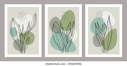 Set of trendy minimalist botanical vector illustration as abstract line art compositions with leaves, ideal for art gallery, modern wall art poster, minimal interior design