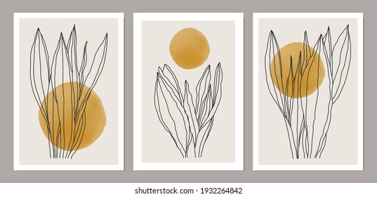 Set of trendy minimalist botanical vector illustration as abstract line art composition with leaves, ideal for art gallery, modern wall art poster, minimal interior design