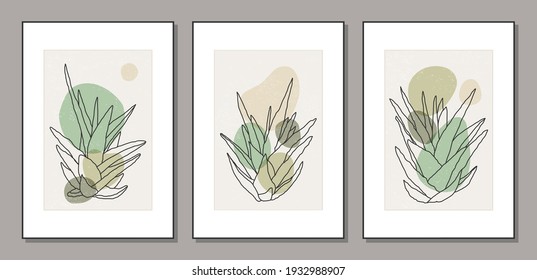 Conjunto de ilustraciones botánicas minimalistas de moda como composiciones de arte de línea abstracta con hojas, ideal para galería de arte, afiche de arte mural moderno, diseño interior mínimo