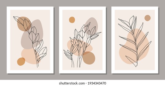 Set Of Trendy Minimalist Botanical Vector Illustration As Abstract Line Art Composition With Leaves, Ideal For Art Gallery, Modern Wall Art Poster, Minimal Interior Design