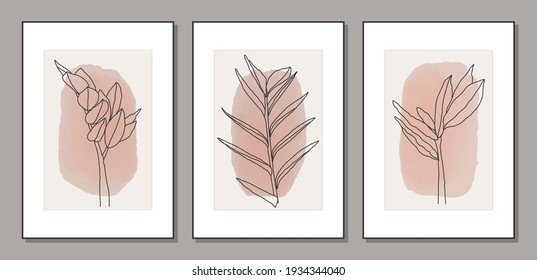 Set of trendy minimalist botanical vector illustration as abstract line art composition with leaves, ideal for art gallery, modern wall art poster, minimal interior design