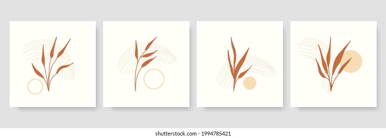 Set of trendy minimalist botanical vector illustration as abstract line art compositions with leaves, ideal for art gallery, modern wall art poster, minimal interior design