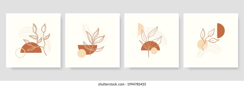 Set of trendy minimalist botanical vector illustration as abstract line art compositions with leaves, ideal for art gallery, modern wall art poster, minimal interior design