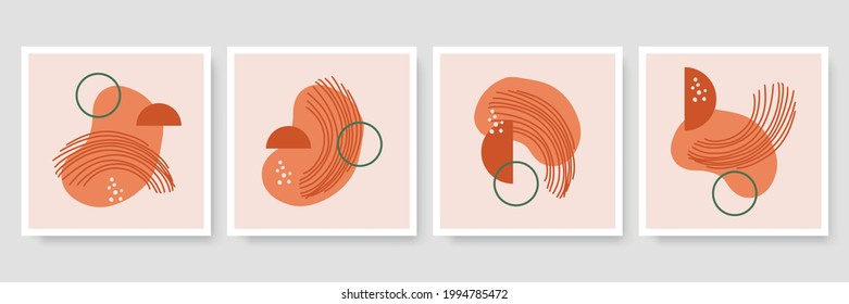 Set of trendy minimalist botanical vector illustration as abstract line art compositions with leaves, ideal for art gallery, modern wall art poster, minimal interior design