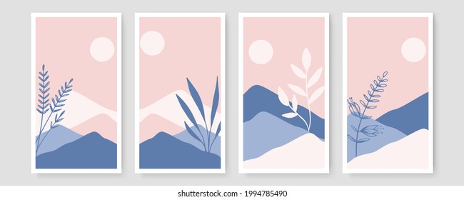 Conjunto de ilustraciones botánicas minimalistas de moda como composiciones de arte de línea abstracta con hojas, ideal para galería de arte, afiche de arte mural moderno, diseño interior mínimo