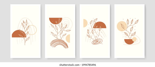 Set of trendy minimalist botanical vector illustration as abstract line art compositions with leaves, ideal for art gallery, modern wall art poster, minimal interior design