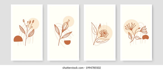 Set of trendy minimalist botanical vector illustration as abstract line art compositions with leaves, ideal for art gallery, modern wall art poster, minimal interior design