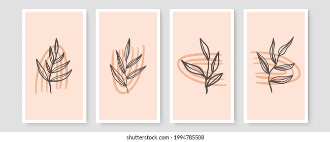 Conjunto de ilustraciones botánicas minimalistas de moda como composiciones de arte de línea abstracta con hojas, ideal para galería de arte, afiche de arte mural moderno, diseño interior mínimo