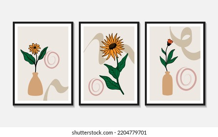 Set of trendy minimalist botanical vector illustration as abstract line art composition with leaves, ideal for art gallery, modern wall art poster, minimal interior design