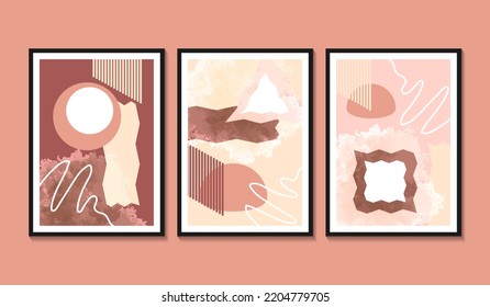 Set of trendy minimalist botanical vector illustration as abstract line art composition with leaves, ideal for art gallery, modern wall art poster, minimal interior design