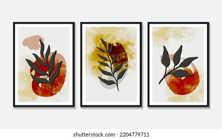 Set of trendy minimalist botanical vector illustration as abstract line art composition with leaves, ideal for art gallery, modern wall art poster, minimal interior design