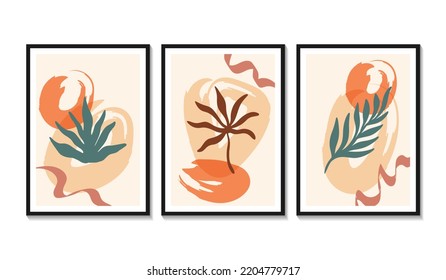 Set of trendy minimalist botanical vector illustration as abstract line art composition with leaves, ideal for art gallery, modern wall art poster, minimal interior design