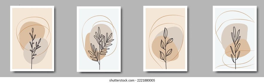 Conjunto de ilustración botánica minimalista de moda como composición artística de línea abstracta con hojas.