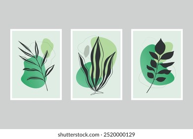 Conjunto de ilustrações vetoriais botânicas minimalistas da moda como composição de arte de linha abstrata com folhas, ideal para galeria de arte, cartaz de arte de parede moderna, design de sala, design de interiores minimalista.