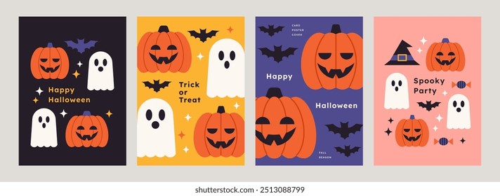 Set of trendy minimalist Halloween geometric posters with ghosts, pumpkins and bats. Vector background with holiday icons. Modern flat design for card, advertising, banner, cover, ads, branding.