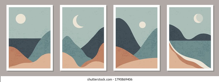 Set of trendy minimalist landscape abstract contemporary collages, mountains lake moon wall art poster design