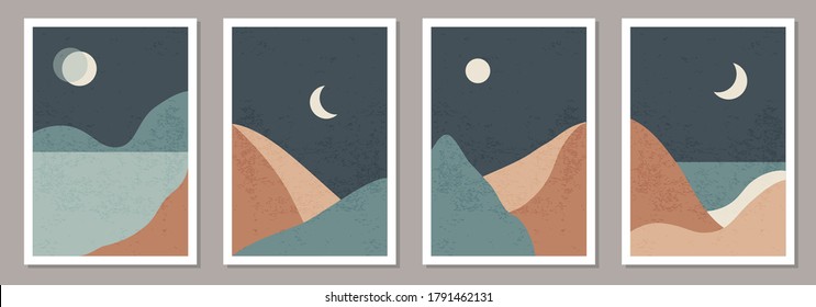 Set of trendy minimalist landscape abstract contemporary collages, mountains lake moon wall art poster design