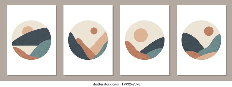 Set of trendy minimalist landscape abstract contemporary collages, mountains lake sunset wall art poster design