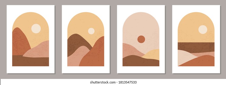 Set of trendy minimalist landscape abstract contemporary collage, mountains sunset wall art poster design