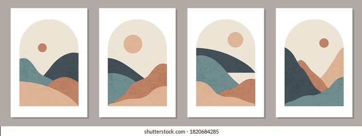 Set of trendy minimalist landscape abstract contemporary collage, mountains sunset wall art poster design