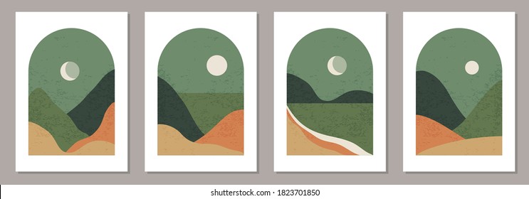 Set of trendy minimalist landscape abstract contemporary collages, mountains lake moon wall art poster design