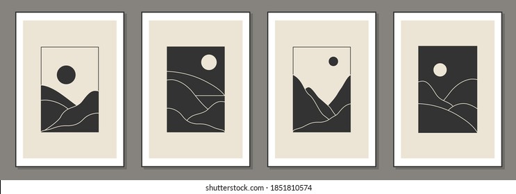 Set of trendy minimalist landscape abstract contemporary collages, mountains lake sunset wall art gallery poster design