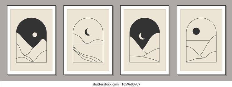 Set of trendy minimalist landscape abstract contemporary collages, mountains lake sunset wall art gallery poster design