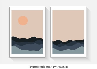 A set of trendy minimalist landscape abstract modern collages with images of the sea, moon, sun, sunrise,sunset. Wall decor in pastel colors in boho style. Artistic wall art of the early mid-century.