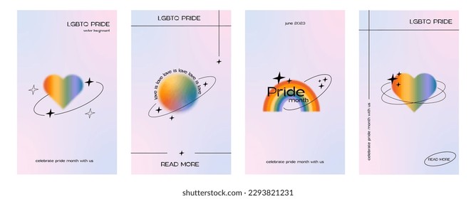 Set of trendy minimalist queer aesthetic posters with linear shapes and retro gradient LGBTQIA graphics. Y2K Pride Month social media templates with 90s linear design. Vector illustration.