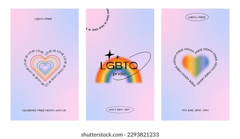 Conjunto de afiches estéticos de moda minimalistas queer con formas lineales y gradientes retro gradientes LGBTQIA. Plantillas de medios sociales del mes del orgullo Y2K con diseño lineal de los años 90. Ilustración vectorial.