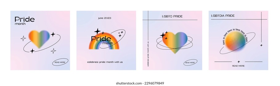 Set of trendy minimalist queer aesthetic square cards with linear shapes and retro gradient blur LGBTQIA graphics. Y2K Pride Month social media templates with 90s linear design. Vector illustration.