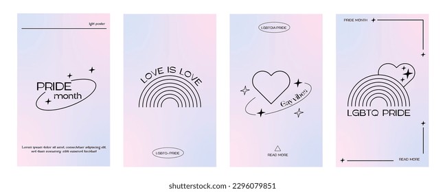 Set of trendy minimalist queer aesthetic posters with linear shapes. Y2K Pride Month social media templates with 90s linear design. Retro graphics with typography. Vector illustration.