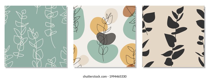 Set of trendy minimalist seamless botanical pattern with line art composition