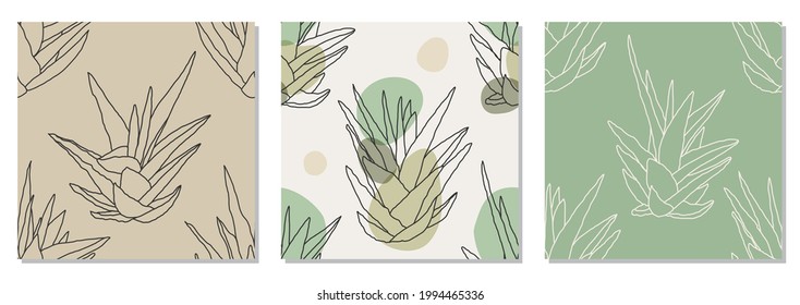 Set of trendy minimalist seamless botanical pattern with line art composition