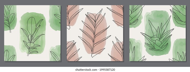 Set of trendy minimalist seamless botanical pattern with line art composition