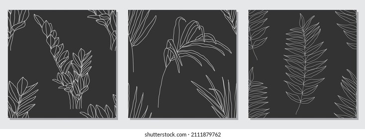 Set of trendy minimalist seamless botanical pattern with line art composition