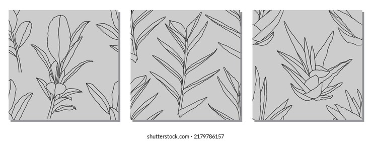 Set of trendy minimalist seamless botanical pattern with line art composition