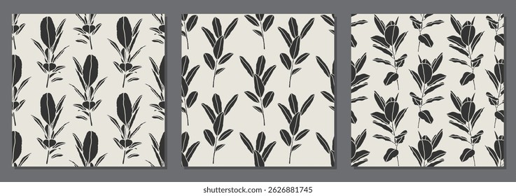 Set of trendy minimalist seamless botanical pattern with abstract creative hand drawn composition