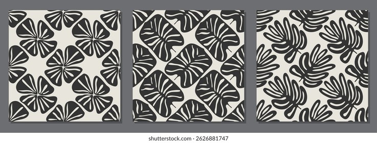 Set of trendy minimalist seamless botanical pattern with abstract creative hand drawn composition