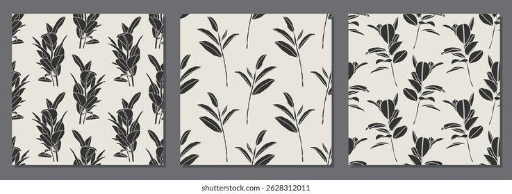 Set of trendy minimalist seamless botanical pattern with abstract creative hand drawn composition