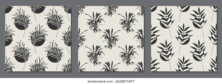 Set of trendy minimalist seamless botanical pattern with abstract creative hand drawn composition