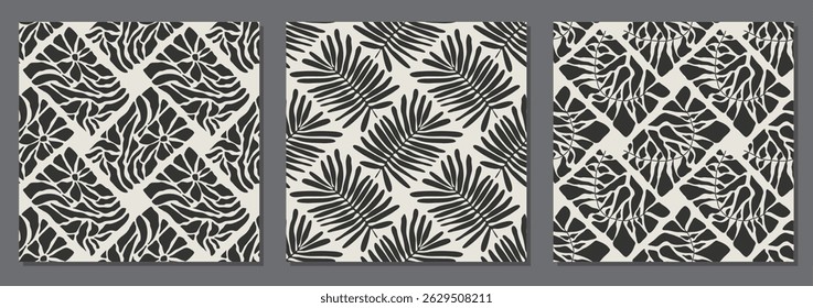 Set of trendy minimalist seamless botanical pattern with abstract creative hand drawn composition