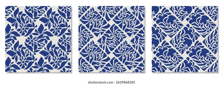 Set of trendy minimalist seamless botanical pattern with abstract creative hand drawn composition
