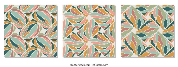 Set of trendy minimalist seamless botanical pattern with abstract creative hand drawn composition