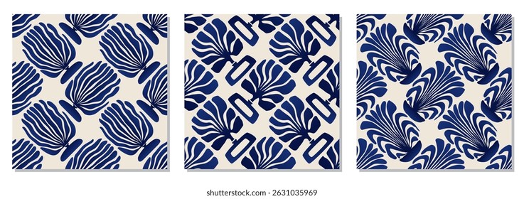 Set of trendy minimalist seamless botanical pattern with abstract creative hand drawn composition