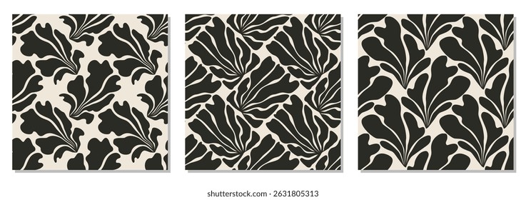 Set of trendy minimalist seamless botanical pattern with abstract creative hand drawn composition