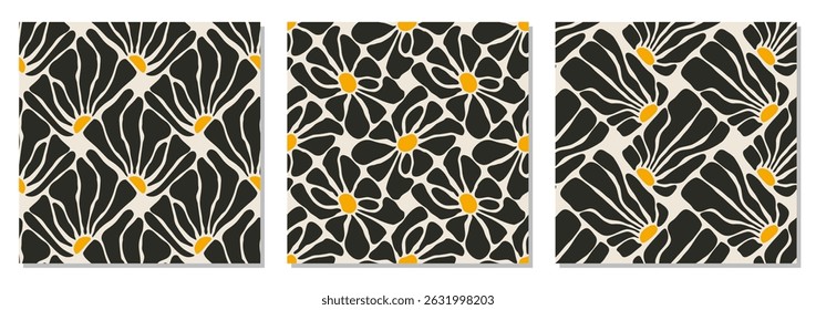 Set of trendy minimalist seamless botanical pattern with abstract creative hand drawn composition