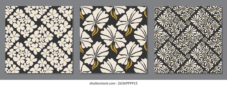 Set of trendy minimalist seamless botanical pattern with abstract creative hand drawn composition