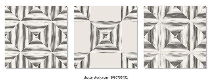 Set of trendy minimalist seamless pattern with abstract hand drawn composition