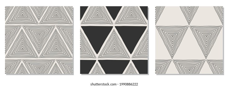 Set of trendy minimalist seamless pattern with abstract hand drawn composition